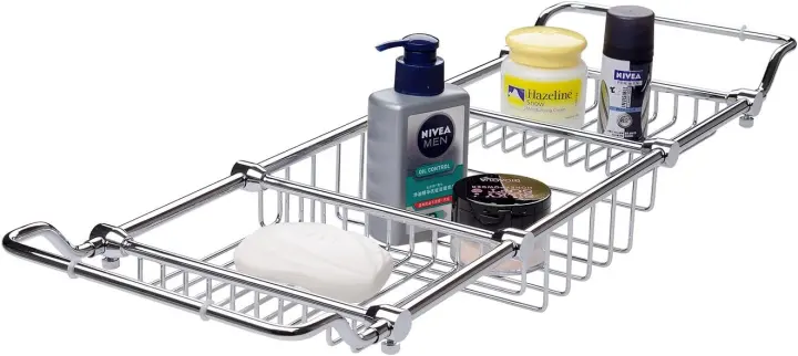 Brass Expandable Over-Tub Bathtub Caddy with Polished Chrome Finish