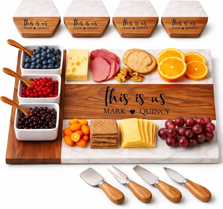 Personalized Charcuterie Serving Board Set with Engraved Wood & Marble