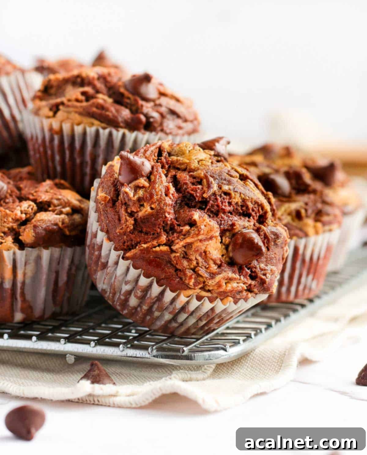 A stack of perfectly baked Double Chocolate Peanut Butter Muffins on a cooling rack, next to a beige napkin, showing their inviting golden tops and rich texture.