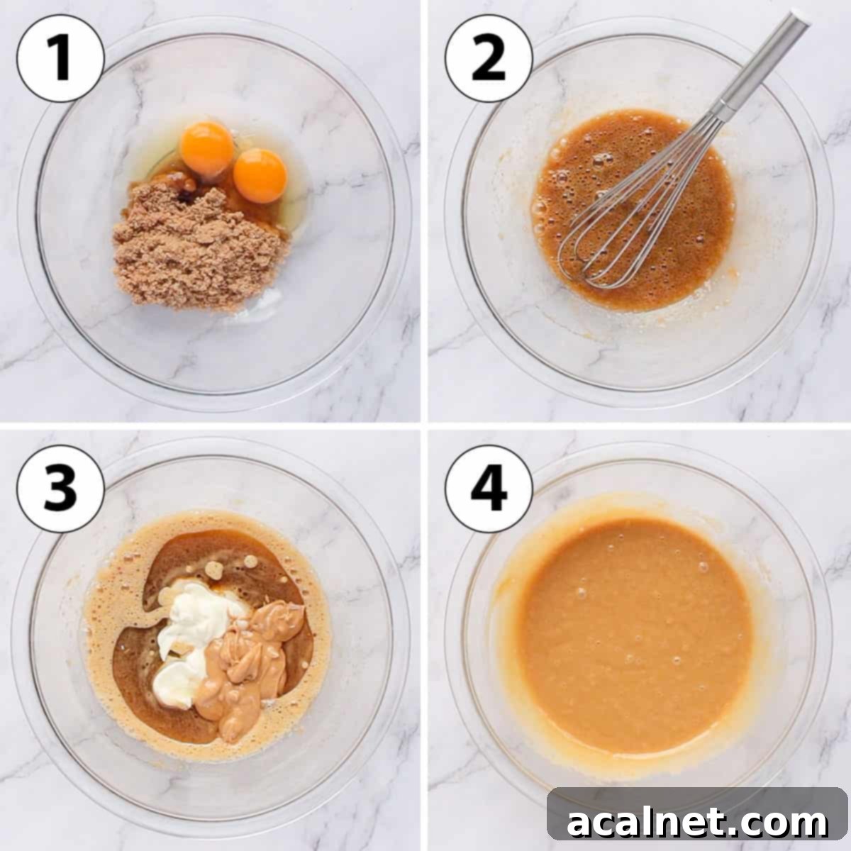 A collage of process shots showing the mixing of wet ingredients for Double Chocolate Peanut Butter Muffins in a large bowl.