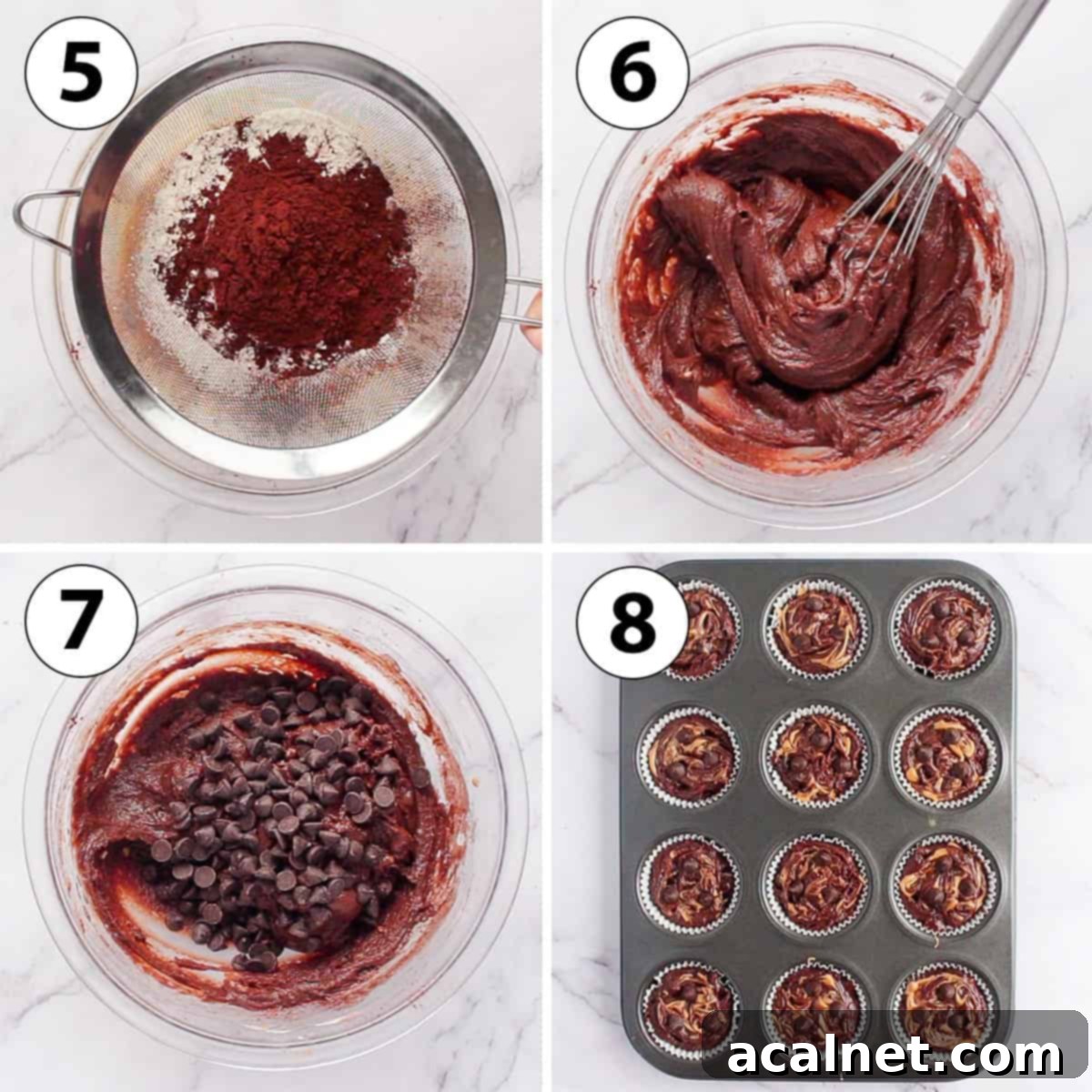 A collage of process shots showing the addition of dry ingredients and filling the muffin pan for Double Chocolate Peanut Butter Muffins.