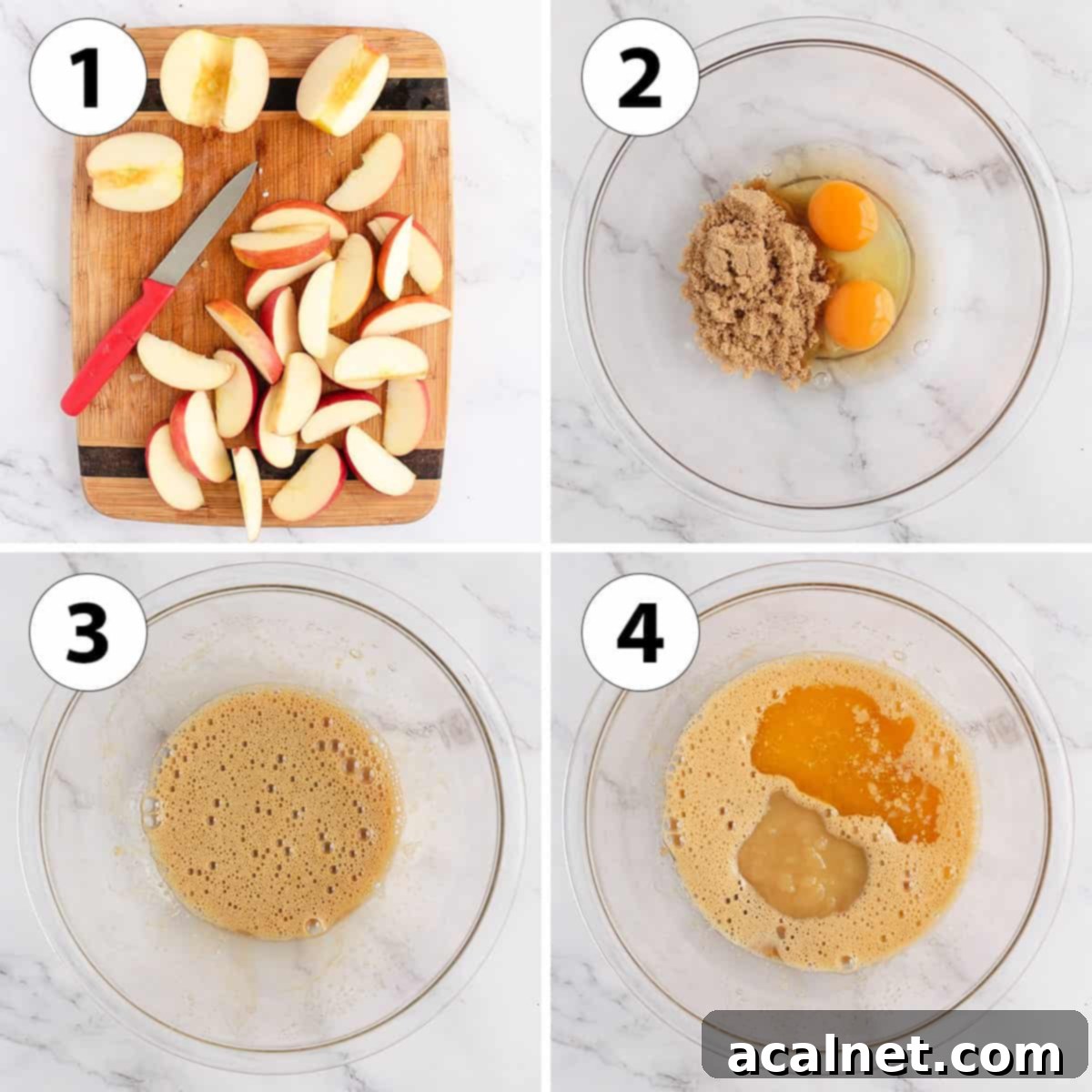 Effortless Gluten-Free Apple Cake 5 Collage of process photos showing apples being sliced and wet ingredients (eggs, sugar, applesauce, butter) being whisked together in a bowl.