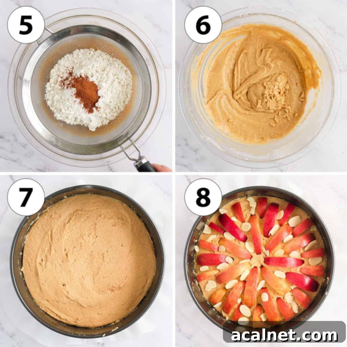 Effortless Gluten-Free Apple Cake 6 Collage of process photos showing dry ingredients being sifted into wet batter, and the finished batter being poured into a springform pan before baking.