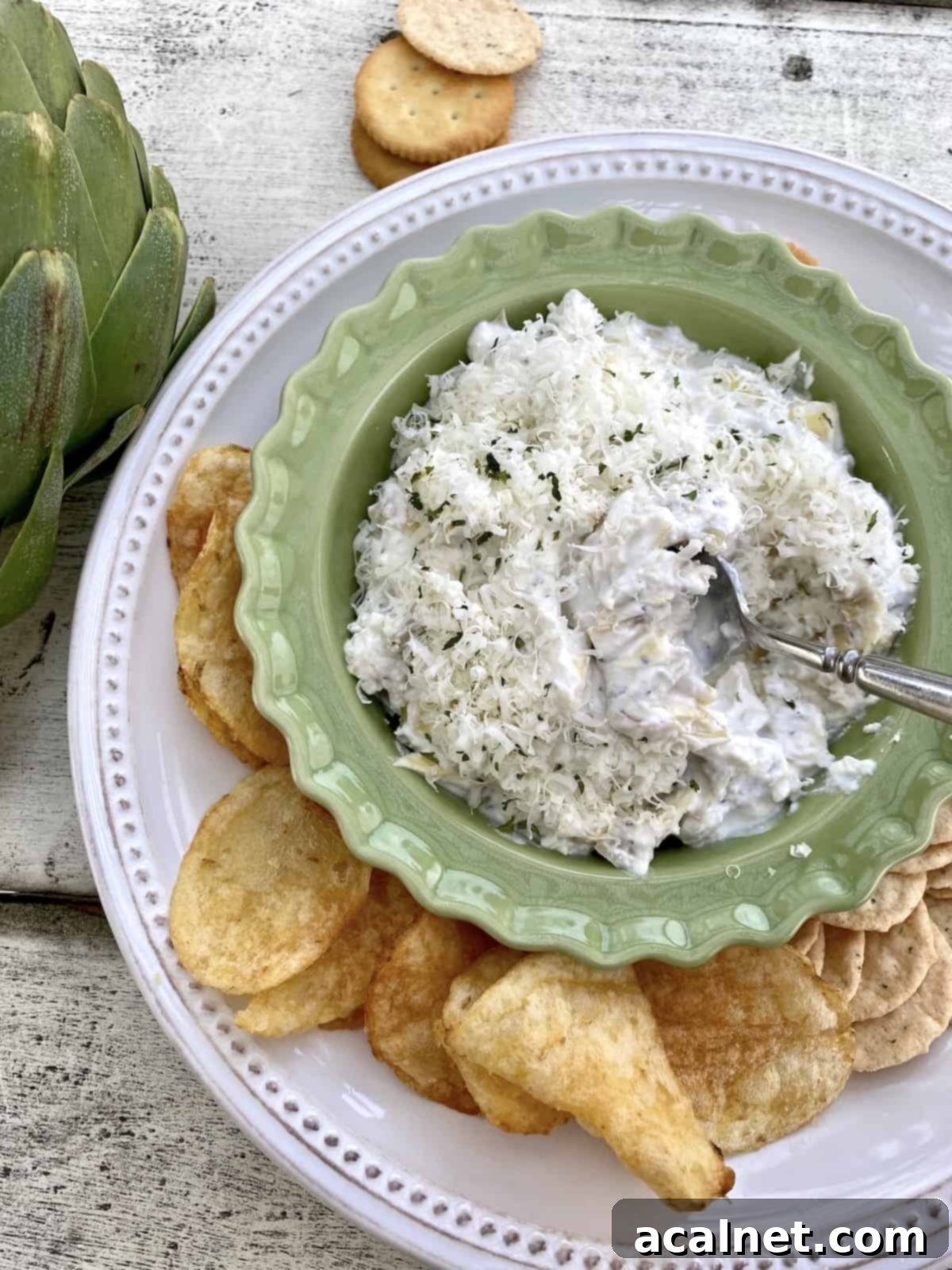 A vibrant platter featuring a bowl of steaming hot artichoke dip, surrounded by an appetizing selection of chips and crackers.