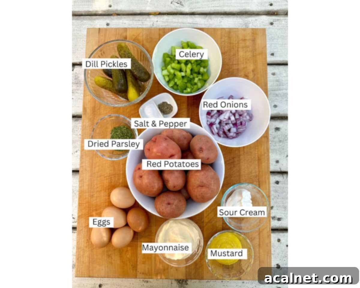 Red potato salad ingredients neatly arranged on a cutting board, with each item clearly visible and ready for preparation.