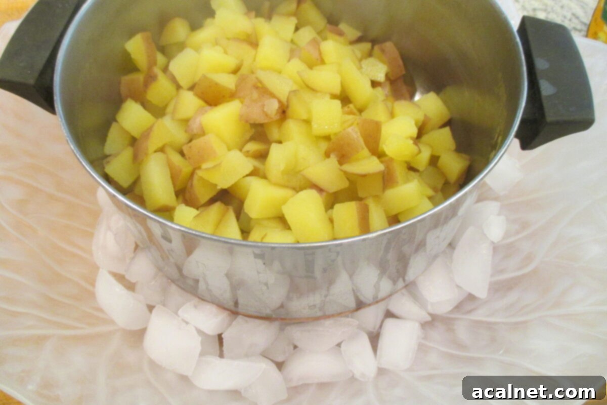 Diced potatoes in a pan, resting on a bed of ice cubes in a sink to cool rapidly, ensuring the perfect texture for potato salad.