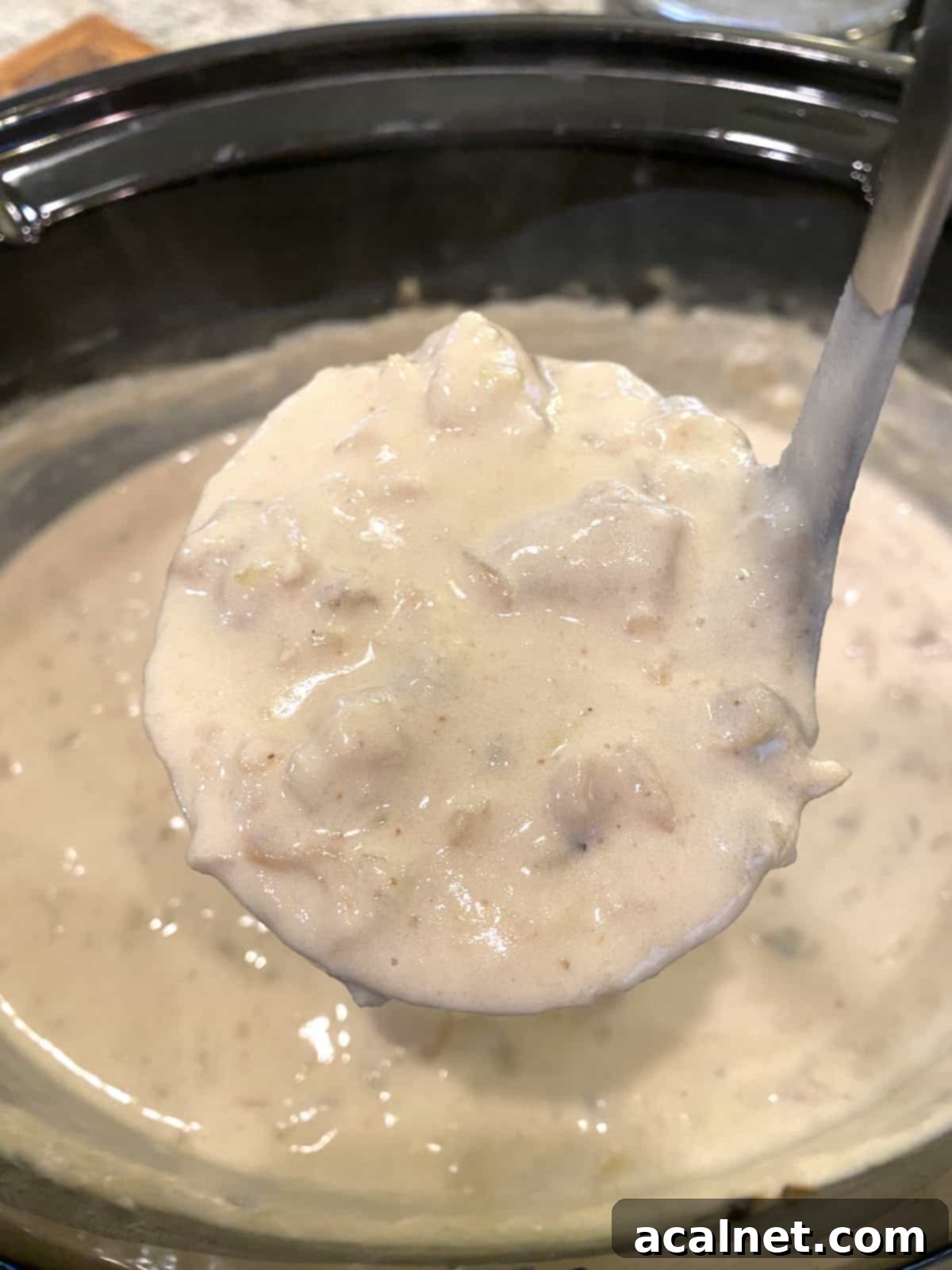 A generous scoop of creamy clam chowder, revealing tender clams and potato chunks, ready to be served and savored.