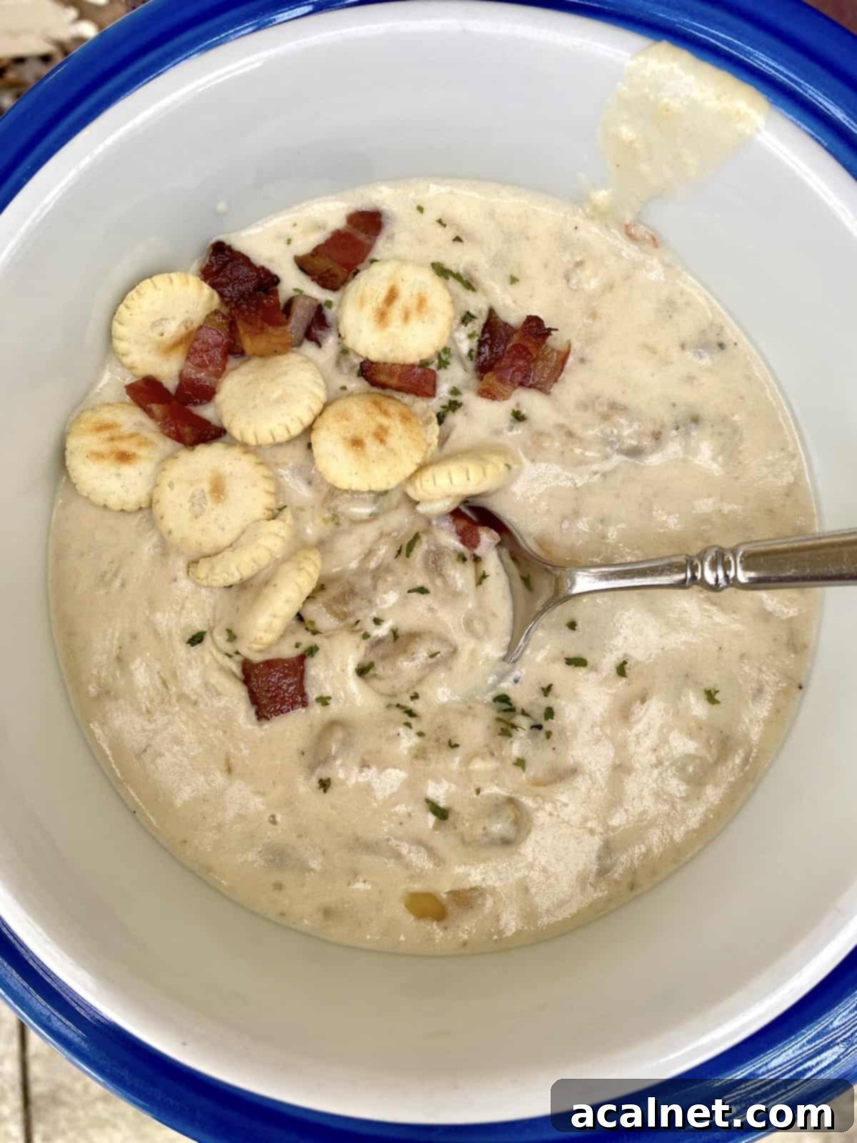 A hearty bowl of creamy clam chowder, generously topped with crispy bacon and crunchy crackers.