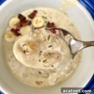 A spoonful of rich, creamy clam chowder, adorned with crunchy crackers and savory bacon bits, held above a rustic bowl.