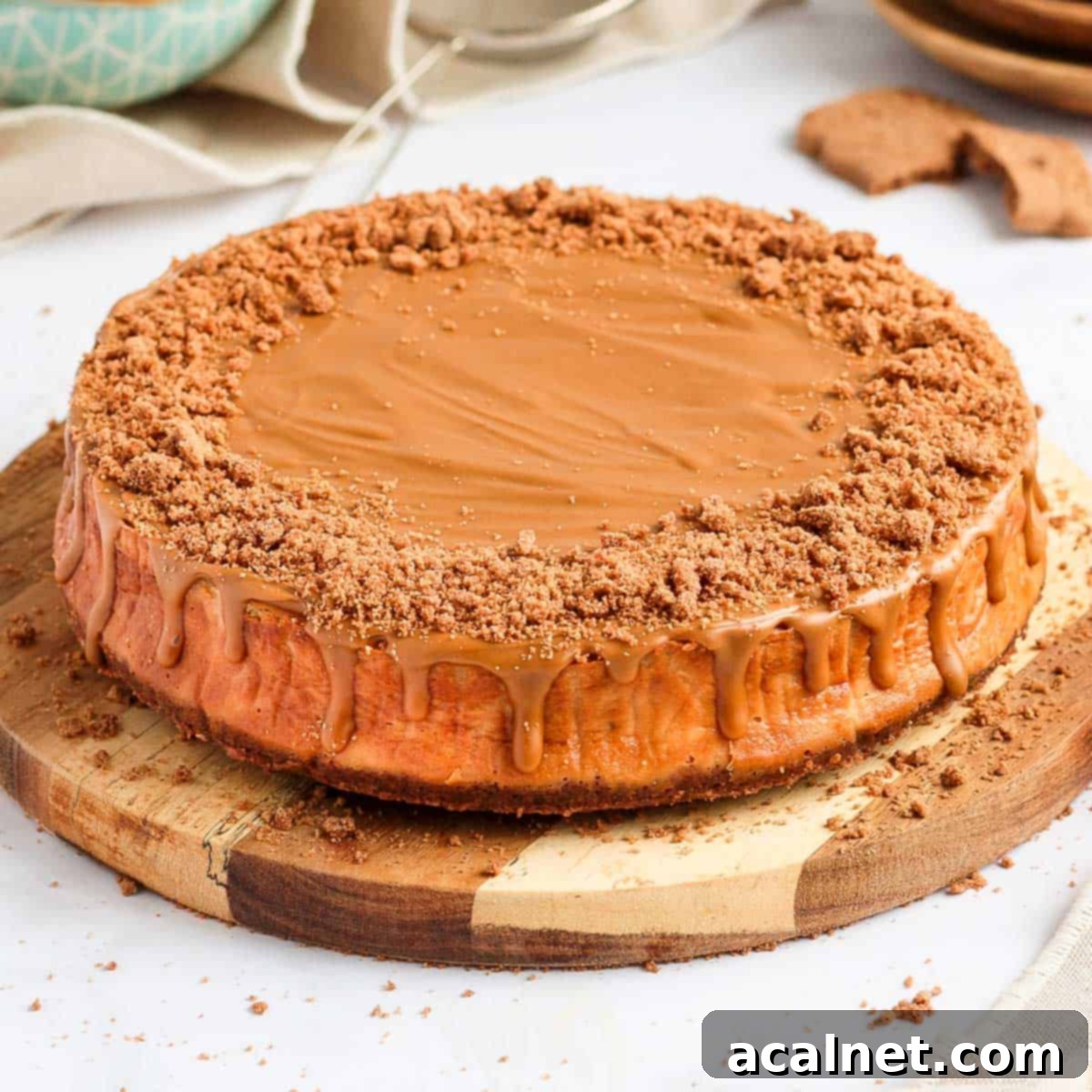 A 45-degree angle shot of the baked Speculoos Biscoff cheesecake on a round wooden board, showcasing its beautiful golden crust and smooth topping.