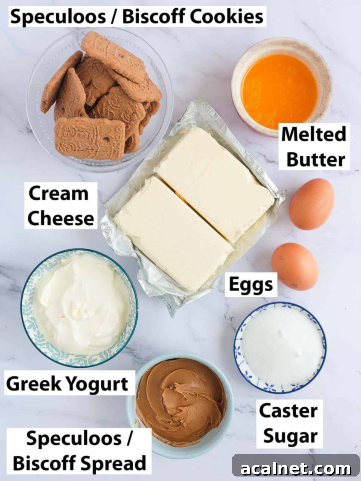 An ingredient shot laid out on a marble surface, showing all the components needed for the Speculoos Biscoff cheesecake.