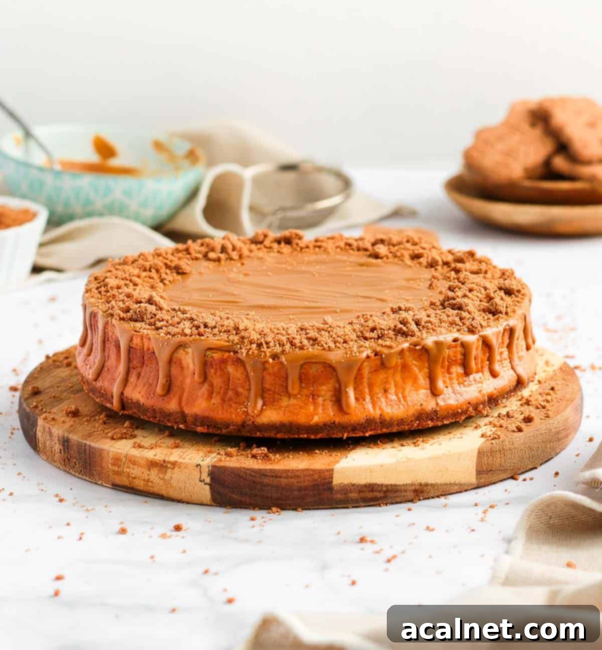 The finished Biscoff cheesecake presented on a round wooden board, surrounded by whole Speculoos cookies and a small bowl of Biscoff spread for garnish.