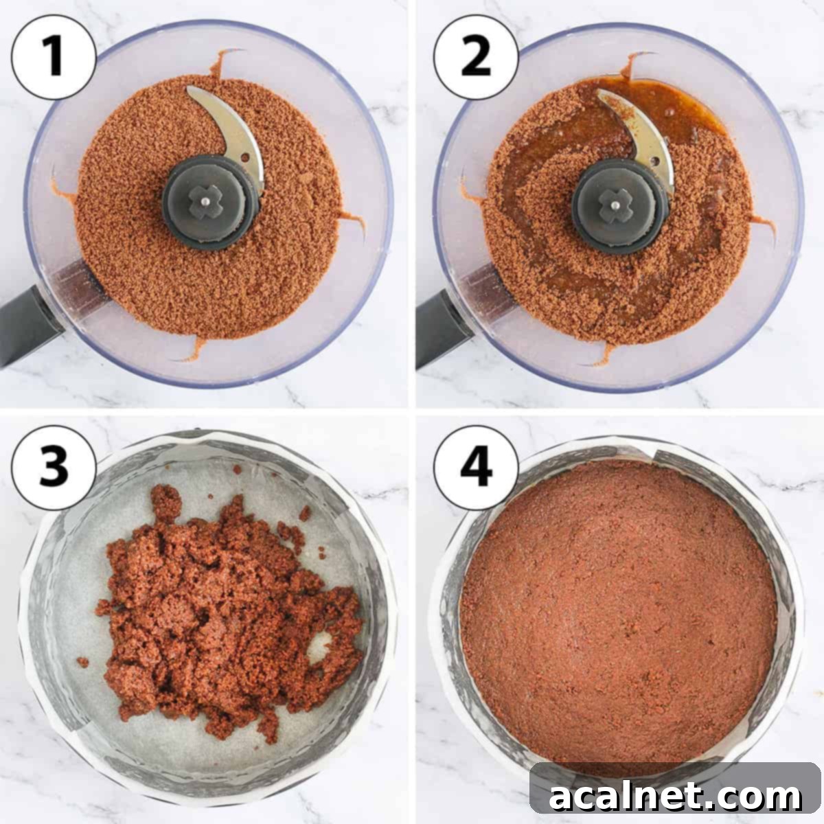 A process shot collage showing the steps of making the cheesecake crust: crushing cookies, mixing with butter, pressing into the pan, and chilling.
