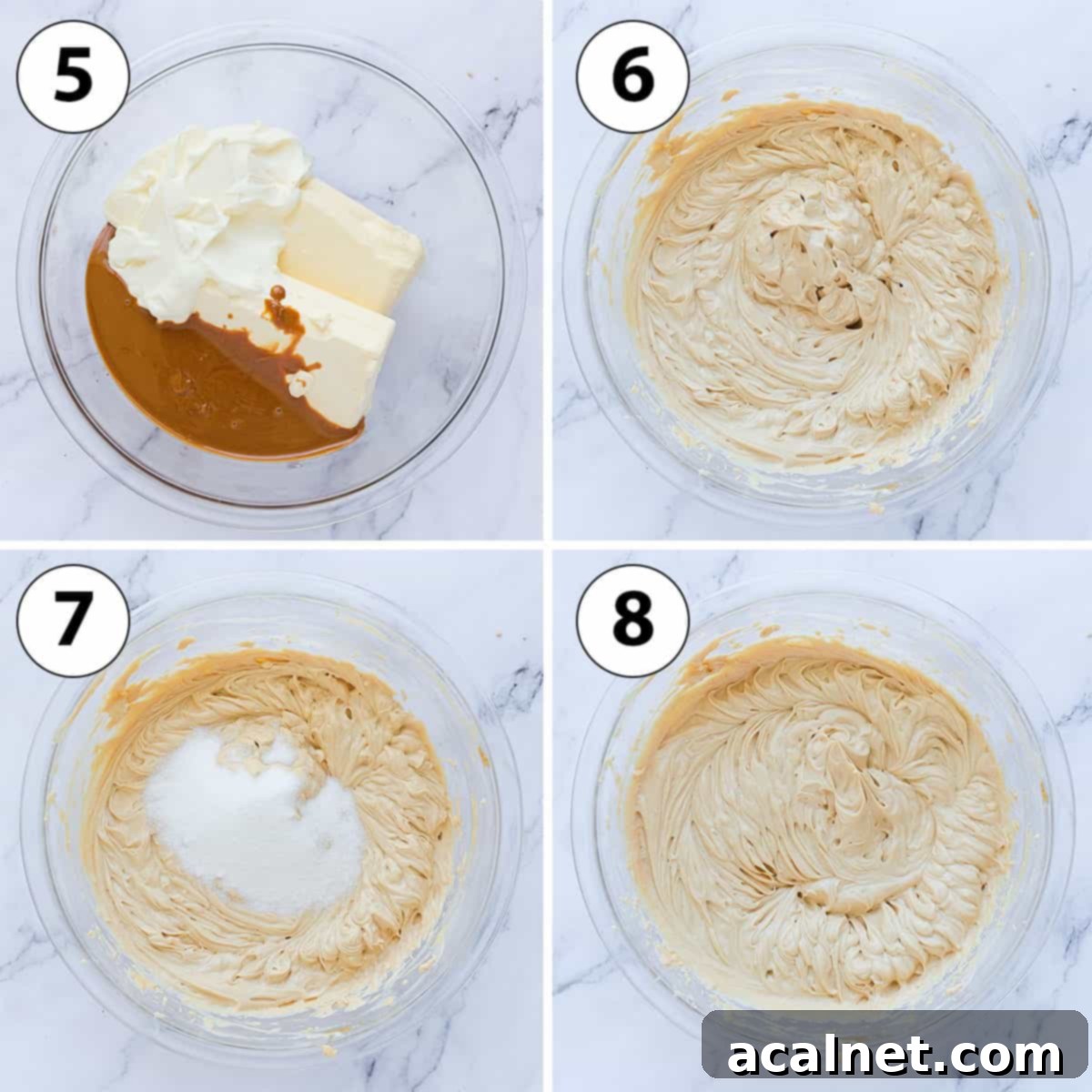 A process shot collage detailing the mixing of wet ingredients for the Biscoff cheesecake batter, showing cream cheese, yogurt, and Biscoff spread combining.