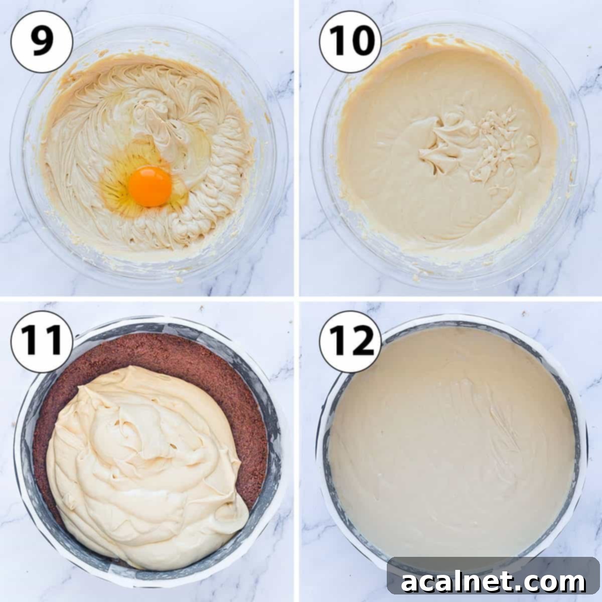 A process shot collage showing the final steps of making the Biscoff cheesecake: adding eggs, pouring batter into the springform pan, and preparing for baking.