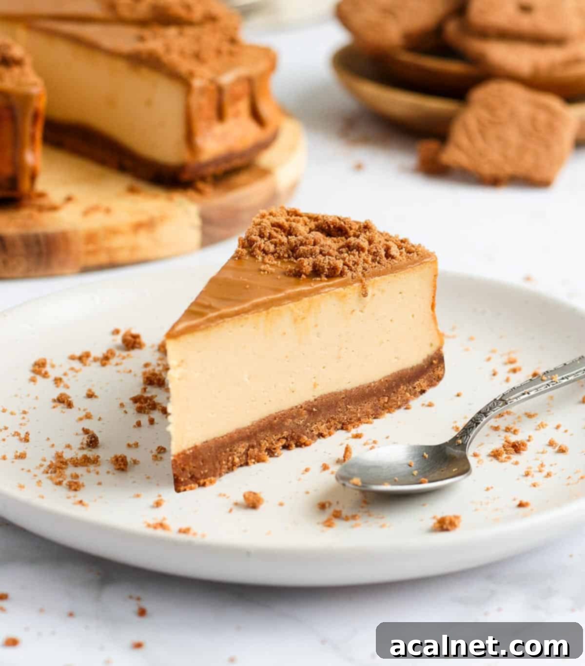 A single slice of the Speculoos Biscoff cheesecake elegantly presented on a white plate, showing the creamy texture and crumbly crust.