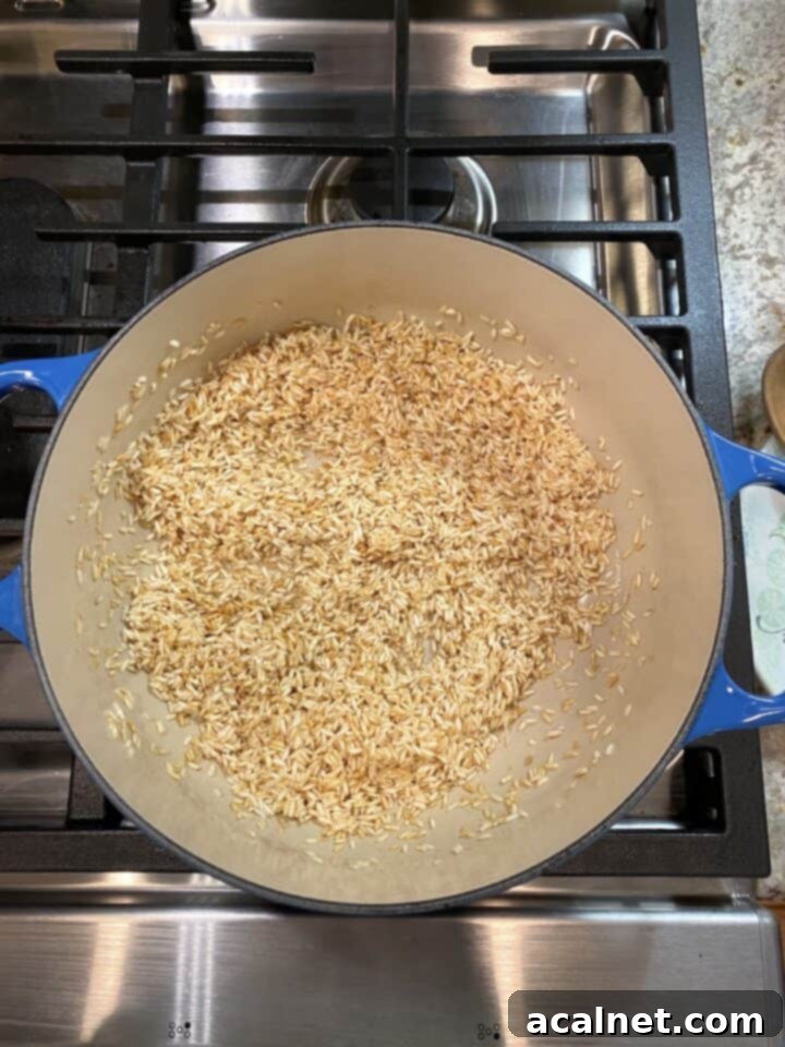 A pot of rice browned in oil.