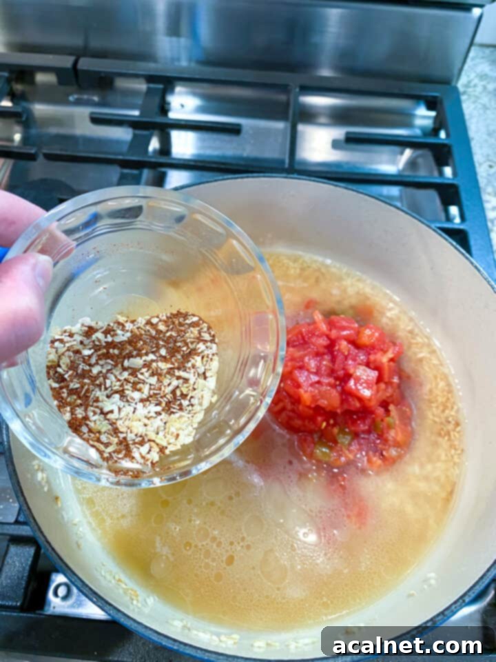 A small dish of spices held over a pan with broth, canned tomatoes and rice.