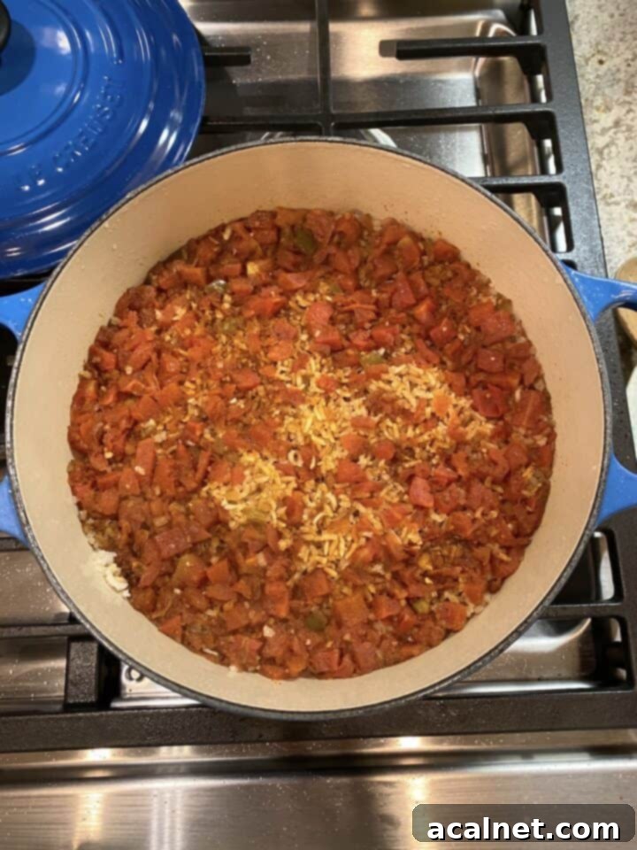 A pot of cooked rice with tomatoes on top of the rice.