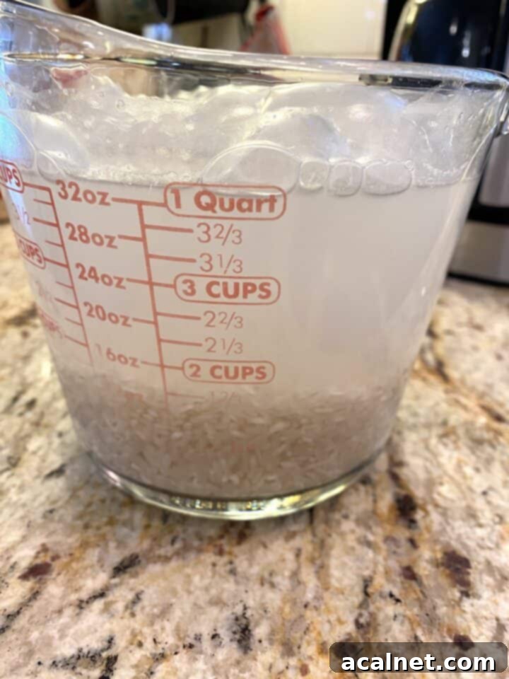 Rice and water in a glass measuring cup.