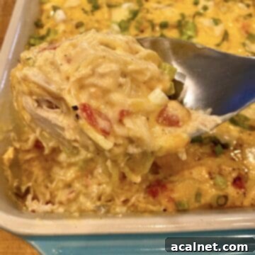 A large spoon, scooping up a serving a chicken spaghetti from a baking dish.