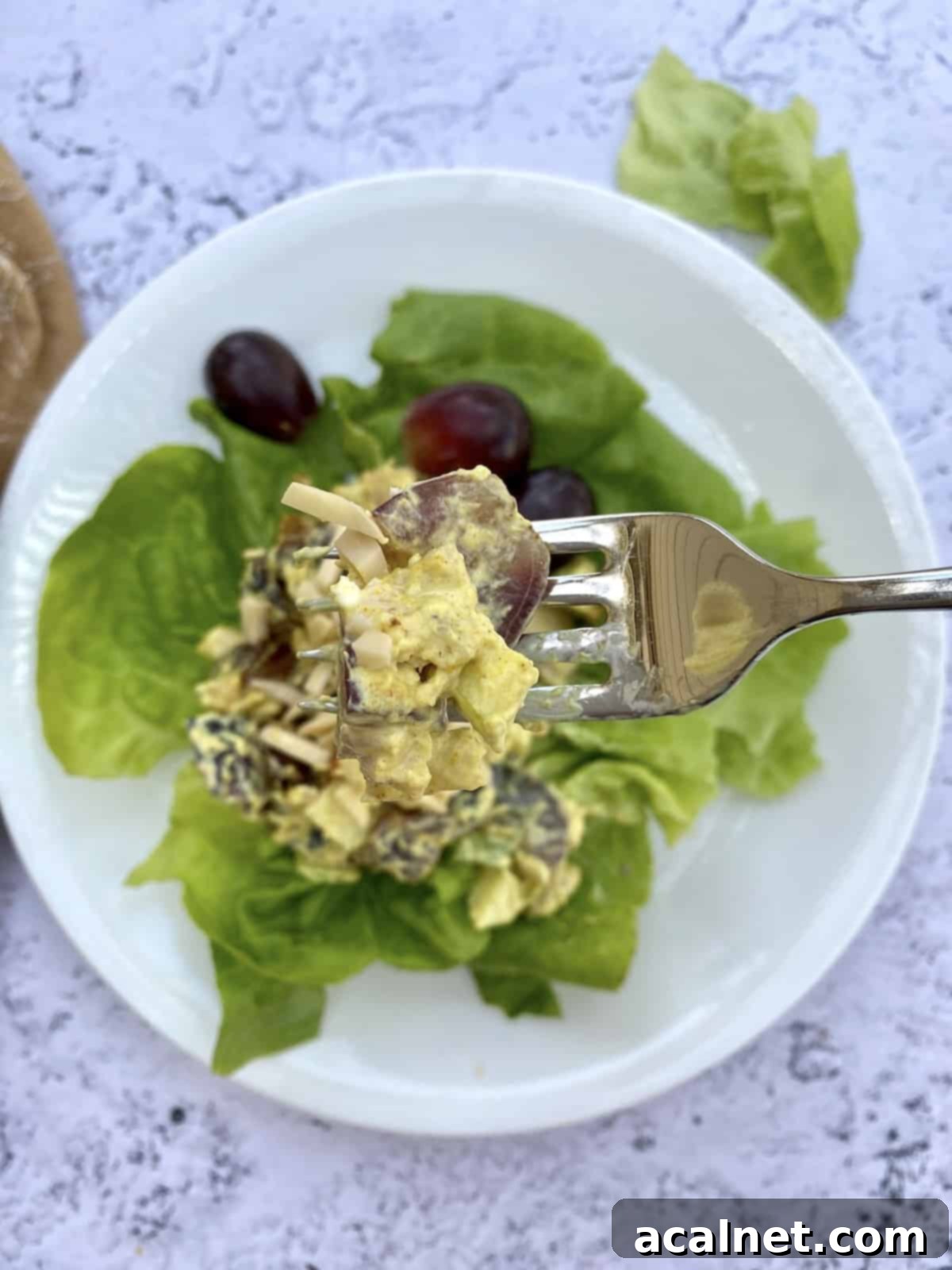 A fork held over a plate of salad with a scoop of chicken curry and grapes.