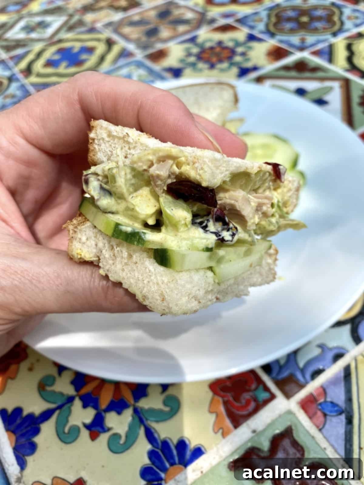 A small chicken curry sandwich, held in a hand over a plate.