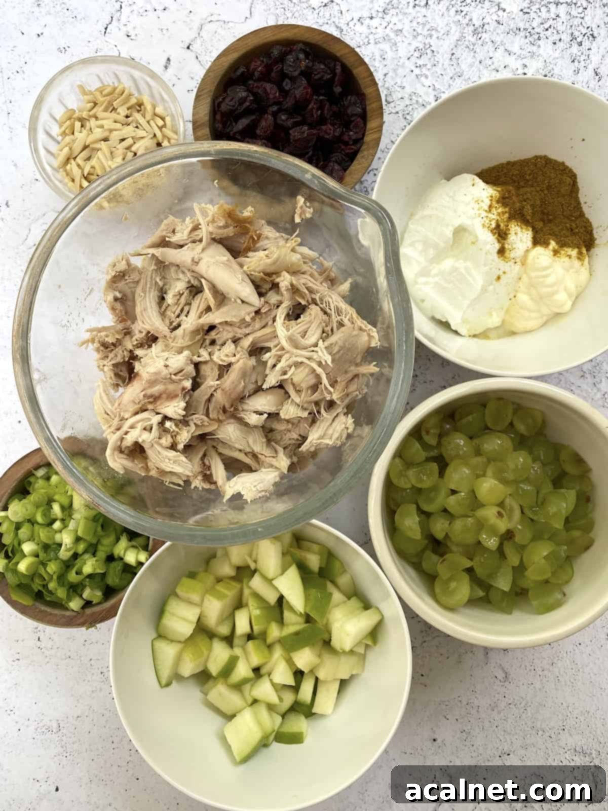 Chicken curry salad ingredients displayed in small bowls. Ingredients include diced apples, grapes, green onions, chicken, dried cranberries and almonds.