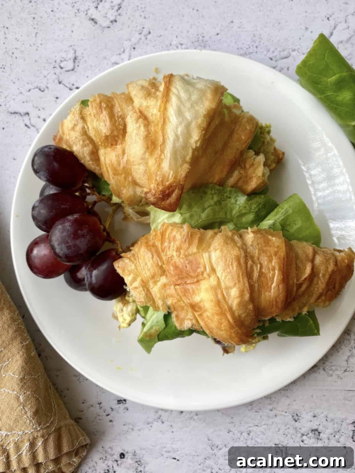 Two croissants filled with chicken curry and grapes on the side. 