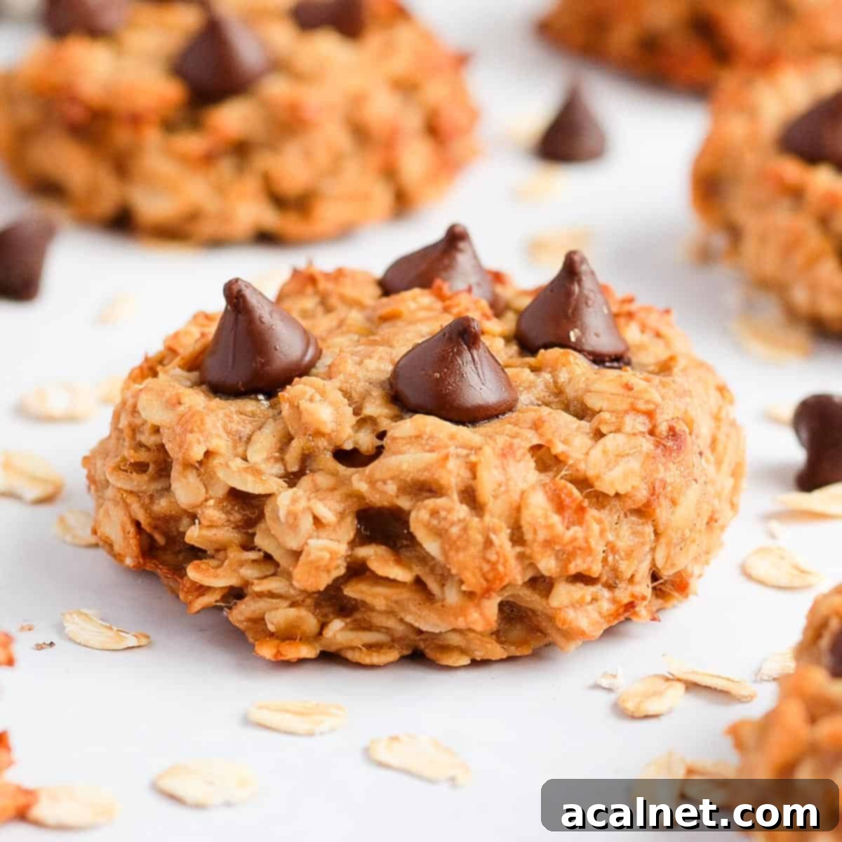 Close up on one peanut butter banana oatmeal cookie topped with chocolate chips, showcasing its chewy texture.