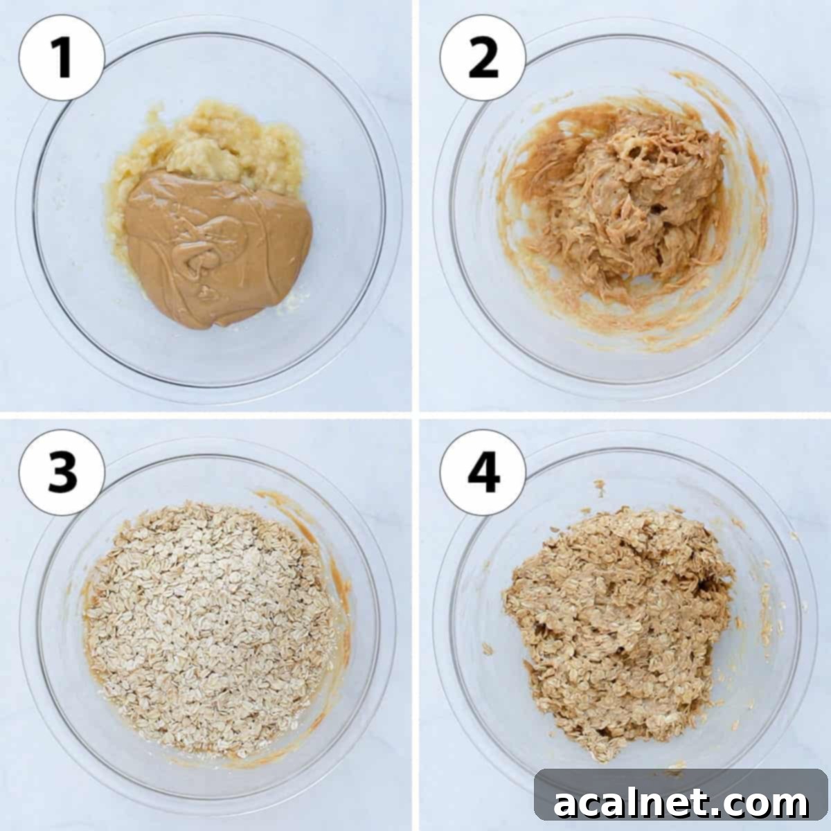 A collage of process shots showing the initial steps: mashing bananas, mixing with peanut butter, and incorporating oats into a thick batter in a bowl.