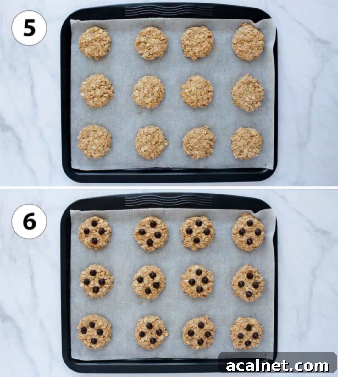 A collage of process shots showing the final steps: scooping cookie dough onto a baking tray and adding chocolate chip toppings before baking.