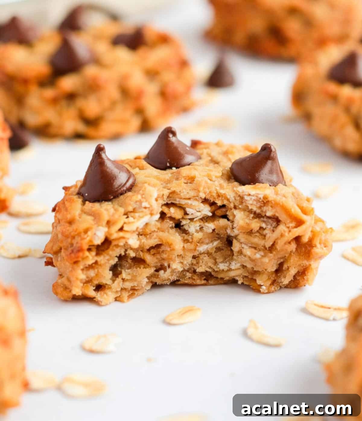 Close up on a delicious peanut butter banana oatmeal cookie with a bite taken out, revealing its soft, chewy interior.