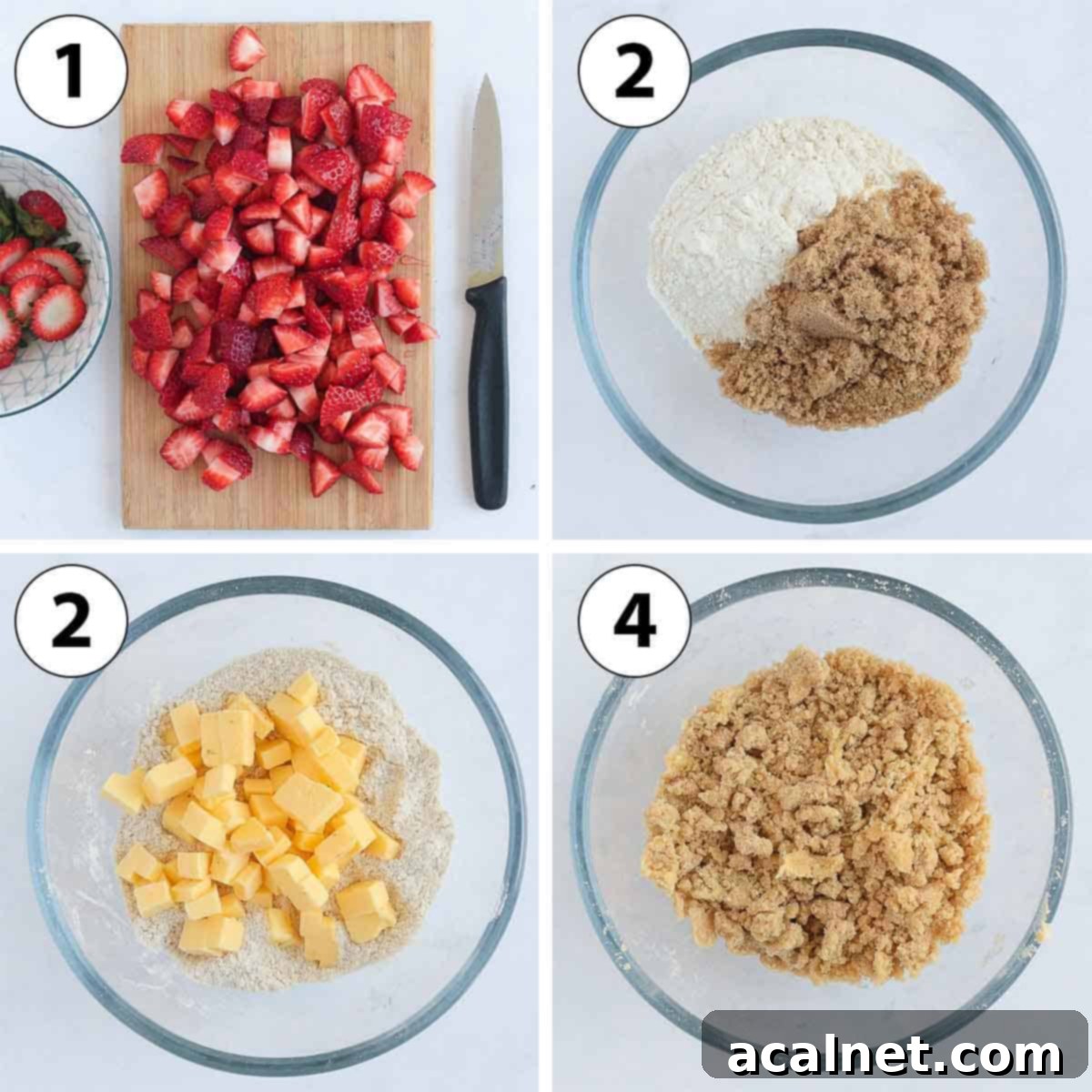 A collage of process shots showing fresh strawberries being chopped and the early stages of making the crumble topping with flour, brown sugar, and butter.