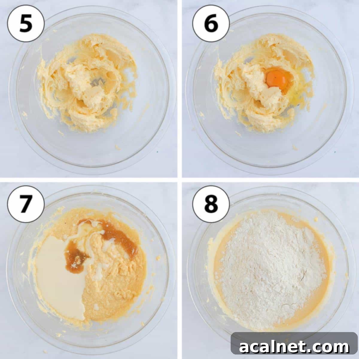 A collage of process shots detailing the steps to make the vanilla butter cake batter, showing butter and sugar creaming, eggs being added, and dry ingredients being incorporated.