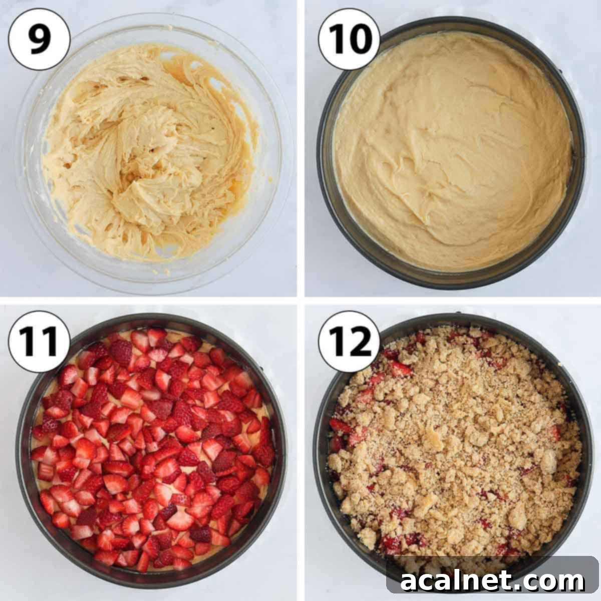 A collage of process shots showing the final steps of assembling the strawberry crumble cake, including mixing dry ingredients, transferring batter to a pan, adding strawberries, and topping with crumble.