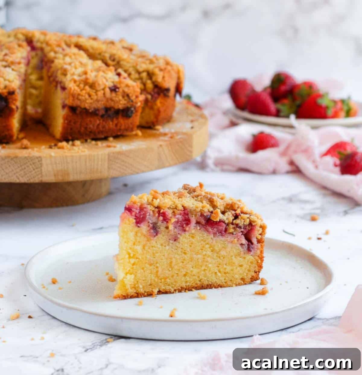 A perfectly baked slice of Strawberry Crumble Cake on a white plate, with the rest of the cake blurred in the background, highlighting the golden crumble and visible strawberry pieces.