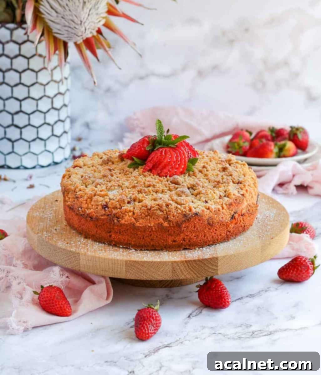 A beautifully presented Strawberry Crumble Cake, showcasing its golden crumble and generous layers of fresh strawberries. This close-up view highlights the cake's appealing textures and vibrant colors, ready for serving.