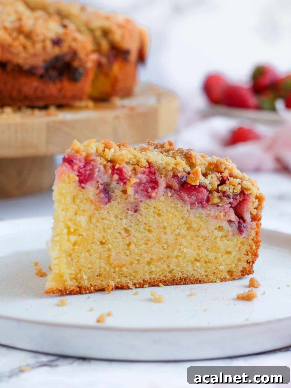 A single, delectable slice of Strawberry Crumble Cake resting on a pristine white plate, with a hint of the full cake in the blurred background. The image focuses on the rich textures and vibrant colors of the cake, emphasizing its inviting appeal.