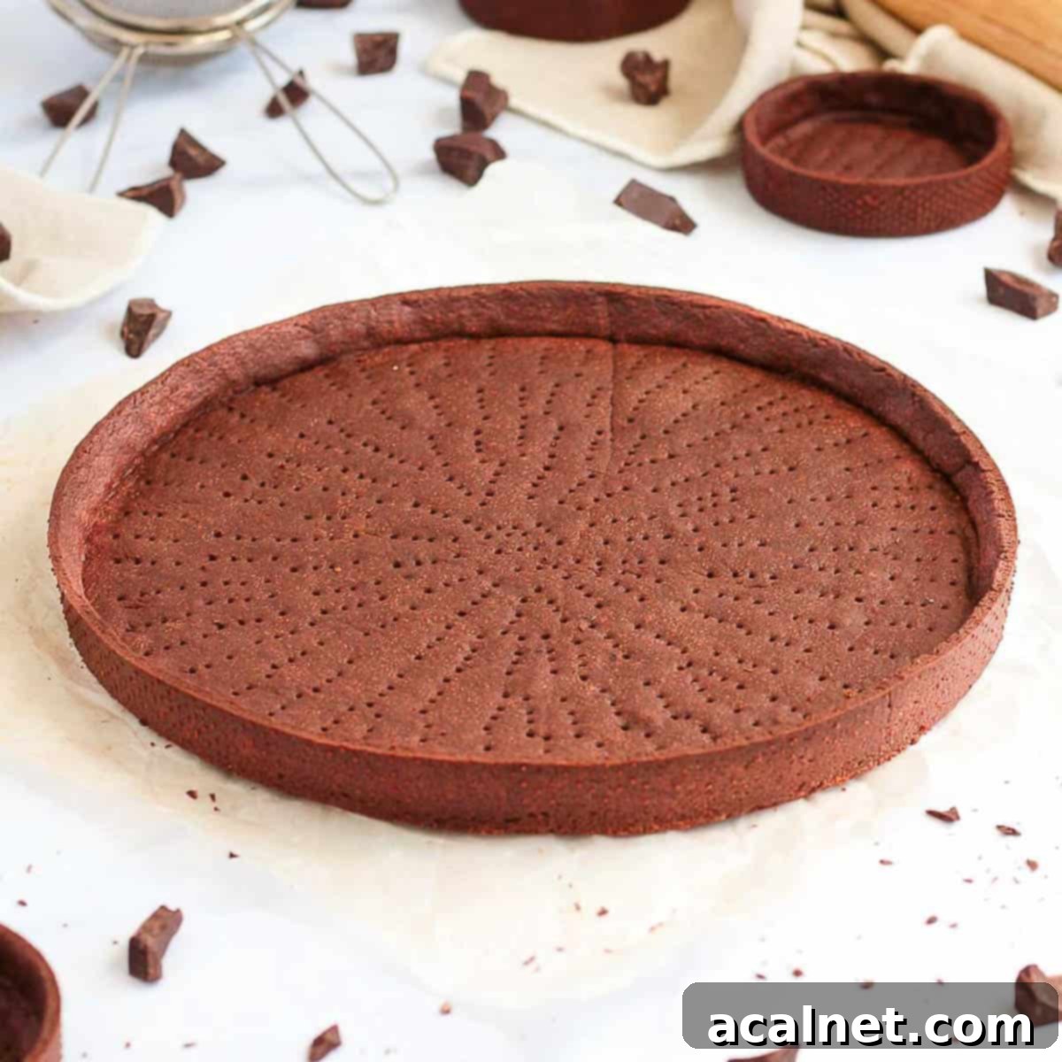 Baked chocolate crust on a white surface surrounded by chocolate chunks.