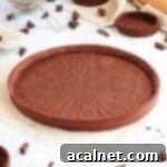 Baked chocolate crust on a white surface surrounded by chocolate chunks.