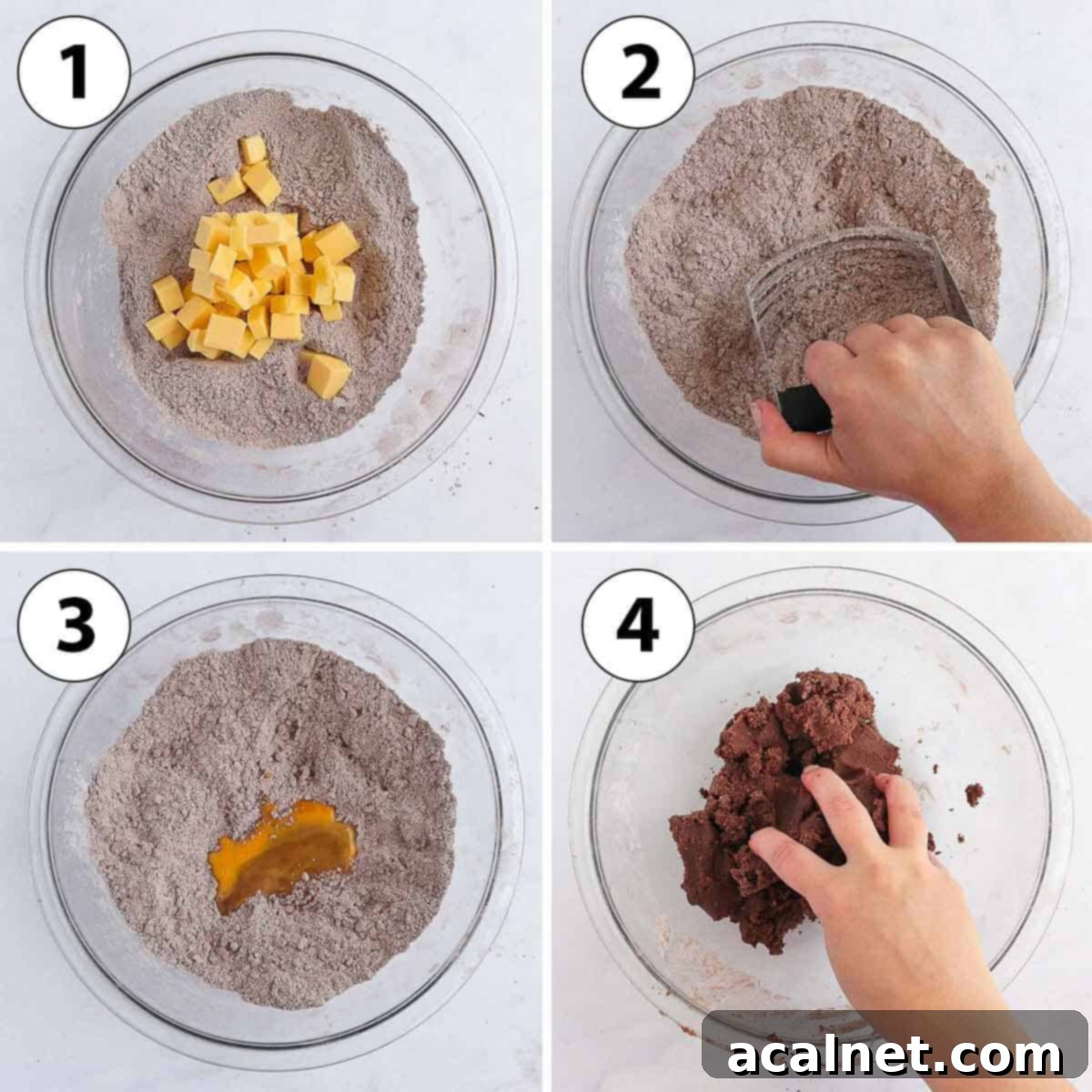 A collage of process shots showing the steps for making chocolate pastry dough by hand, from mixing ingredients to forming a smooth dough.