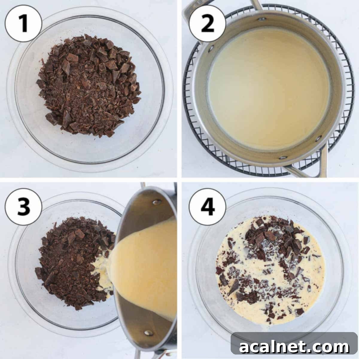 A collage of process shots illustrating the initial steps of making chocolate ganache for the tart filling, from chopping chocolate to pouring hot cream.
