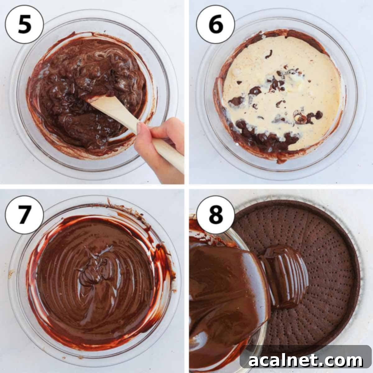 A collage of process shots depicting the final stages of making a chocolate ganache tart: stirring the ganache until smooth and pouring it into the blind-baked crust.