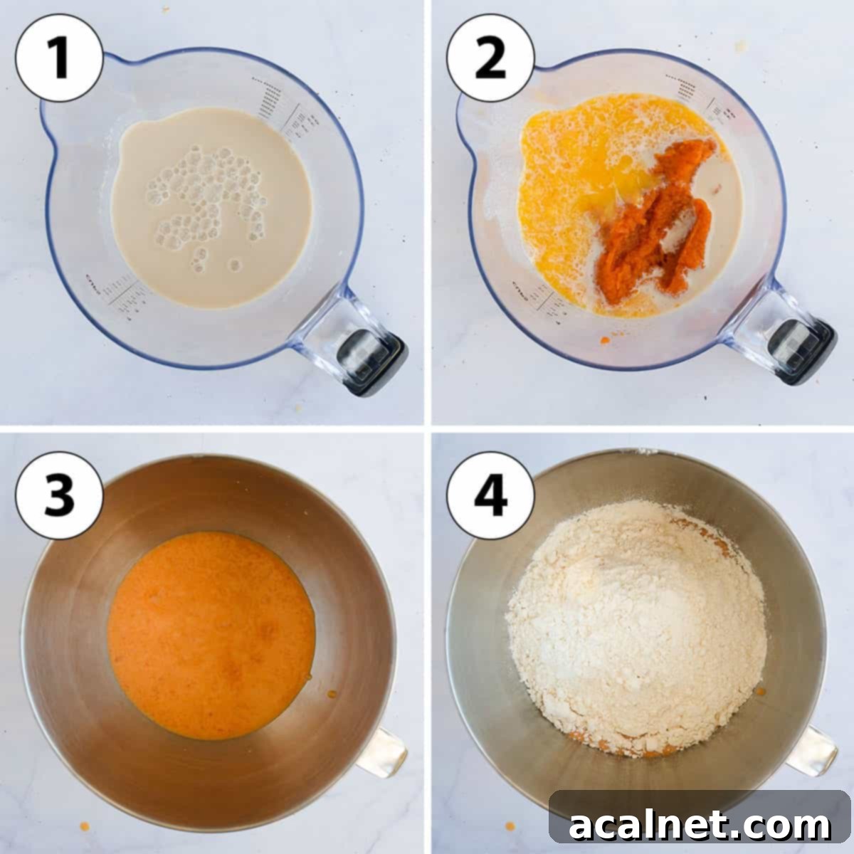 A four-panel process shot collage showing the steps of making sweet potato bread dough: warm milk with yeast, adding sweet potato and butter, mixing wet ingredients, and kneading with flour and salt.