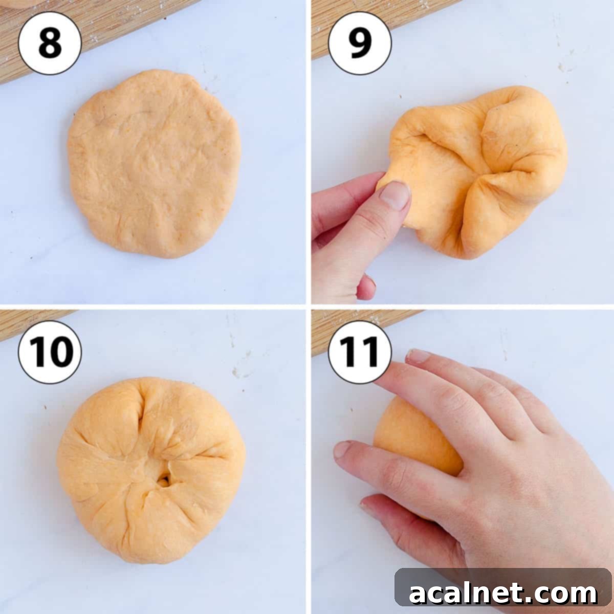 A four-panel process shot collage showing the steps of shaping sweet potato buns: flattening dough, folding edges to the center, pinching the center, and rolling into a smooth ball.