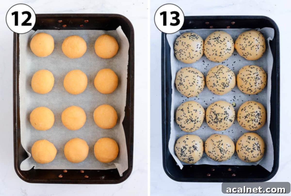 A two-panel process shot collage showing the second proving stage with risen buns on a baking tray, and the final step of brushing buns with egg wash before baking.