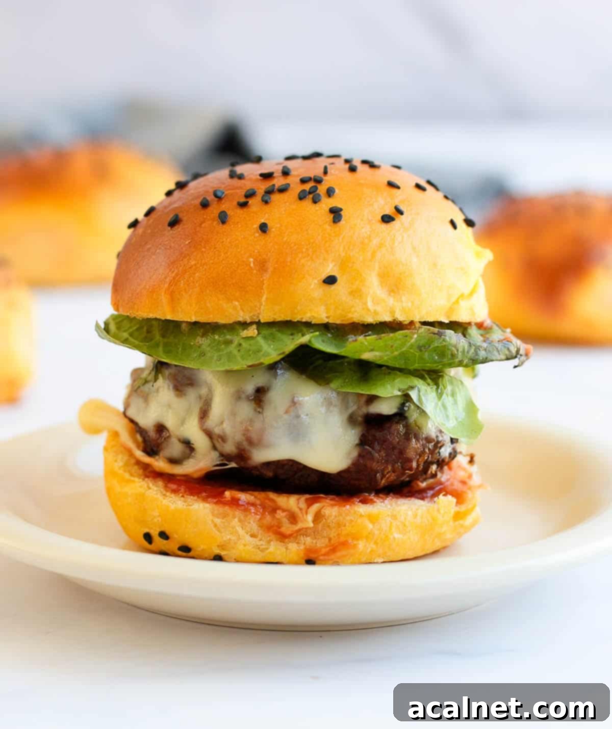 A perfectly plated hamburger featuring a juicy patty, fresh lettuce, and tomato, all nestled within a homemade sweet potato bun.