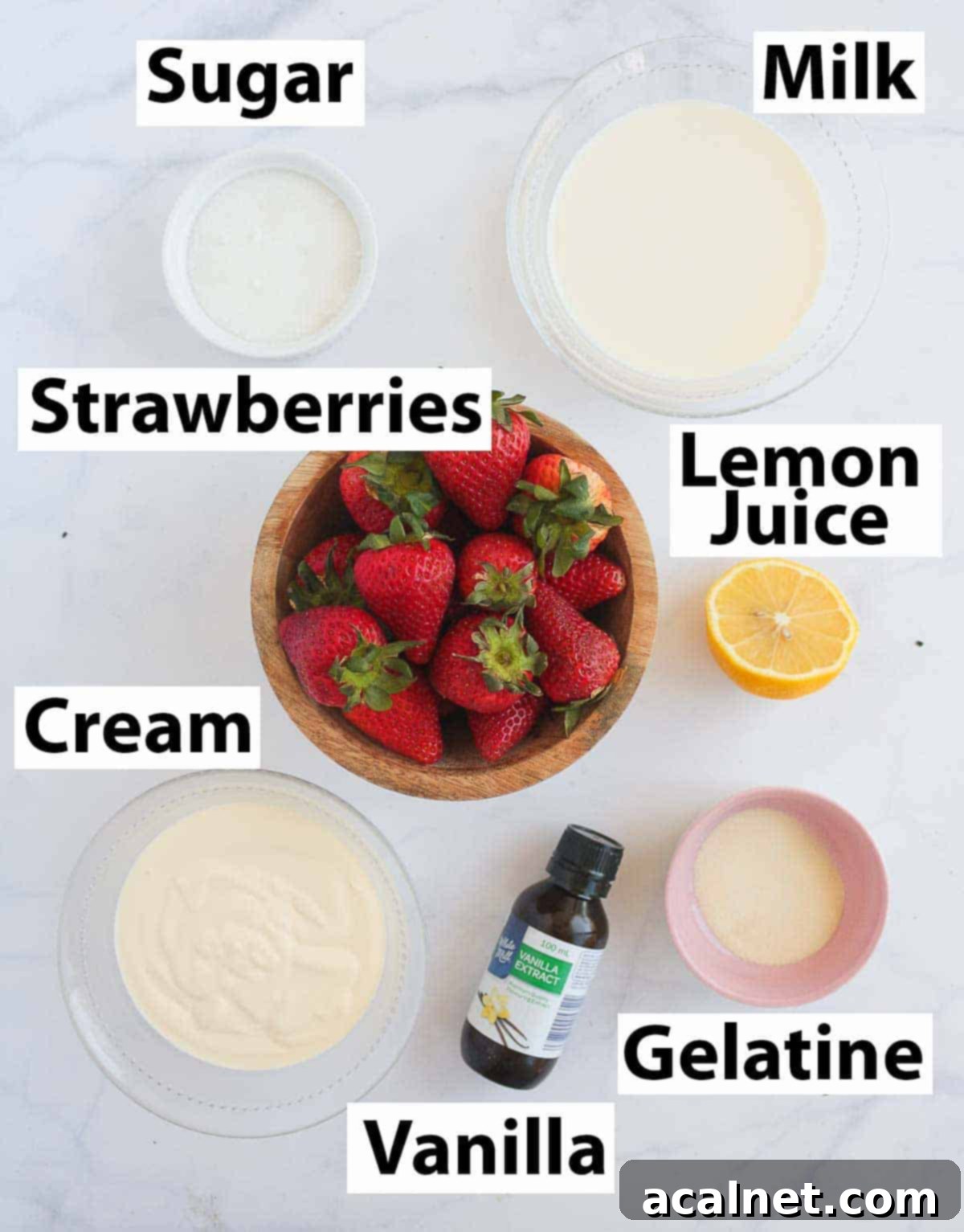 Homemade Strawberry Panna Cotta with Fresh Strawberry Sauce 3 Ingredients on a white surface.