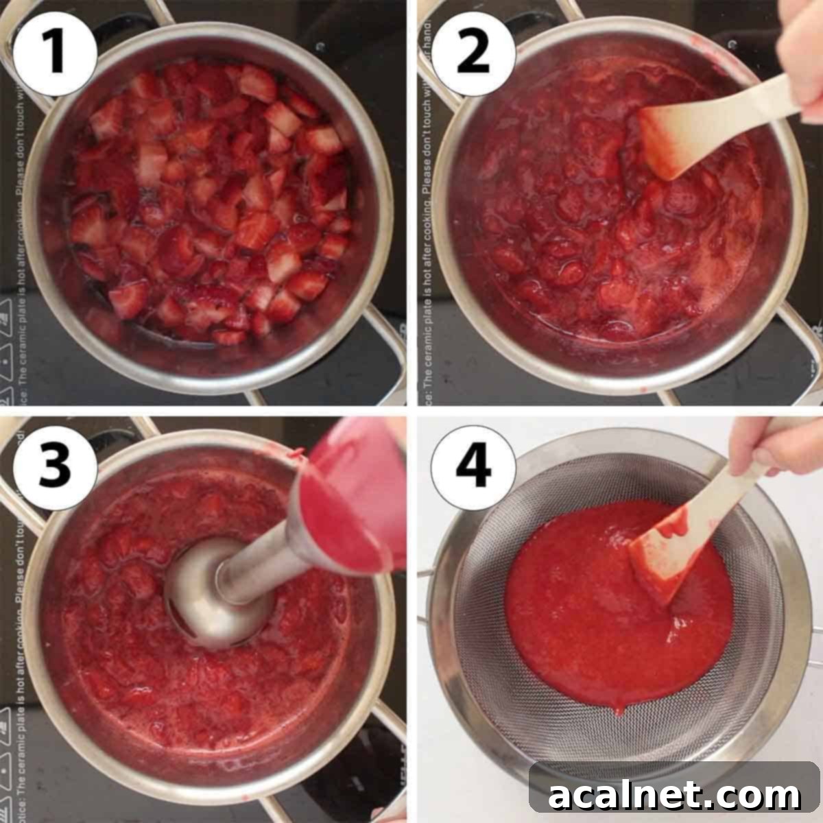 Homemade Strawberry Panna Cotta with Fresh Strawberry Sauce 4 Process Shot Collage: making the strawberry coulis.